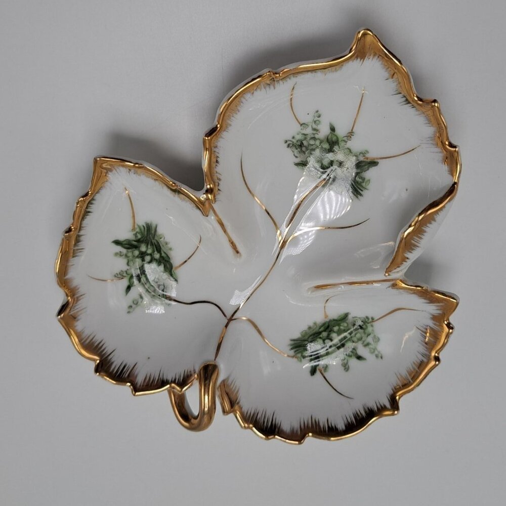 Hand-Painted Napco China Leaf Dish Candy Trinket Decorative Plate Gold Trim